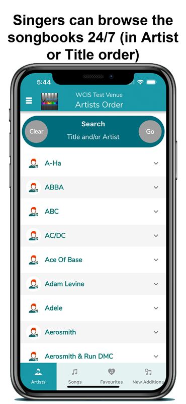 Digital karaoke songbook open in the singer app