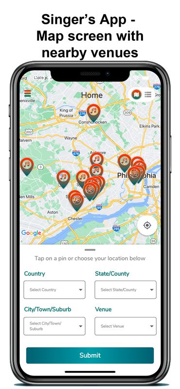 Map of nearby karaoke venues in the singer app