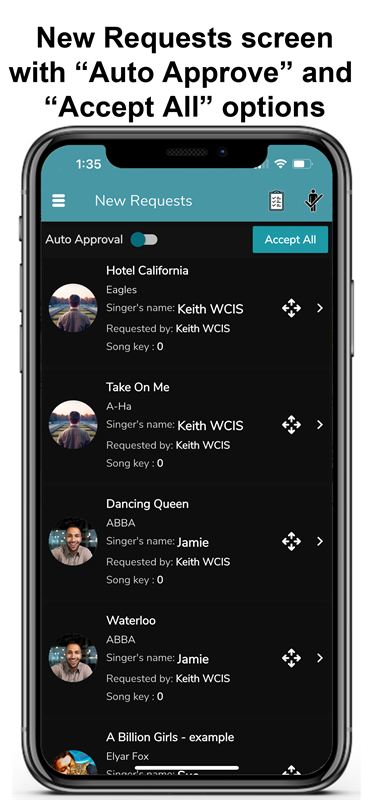 New karaoke song requests waiting for approval in the host app