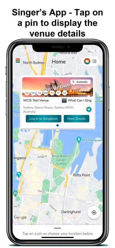Venue details shown after tapping a pin on the venue map