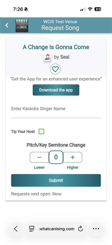 Digital karaoke request screen in the online songbook