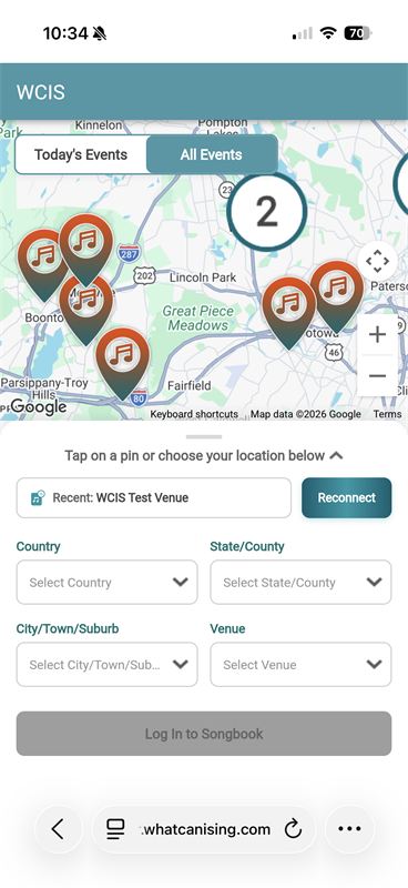 Venue finder map in the online songbook