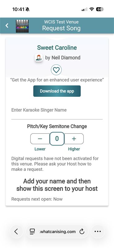 Song details and electronic request slip in the online songbook